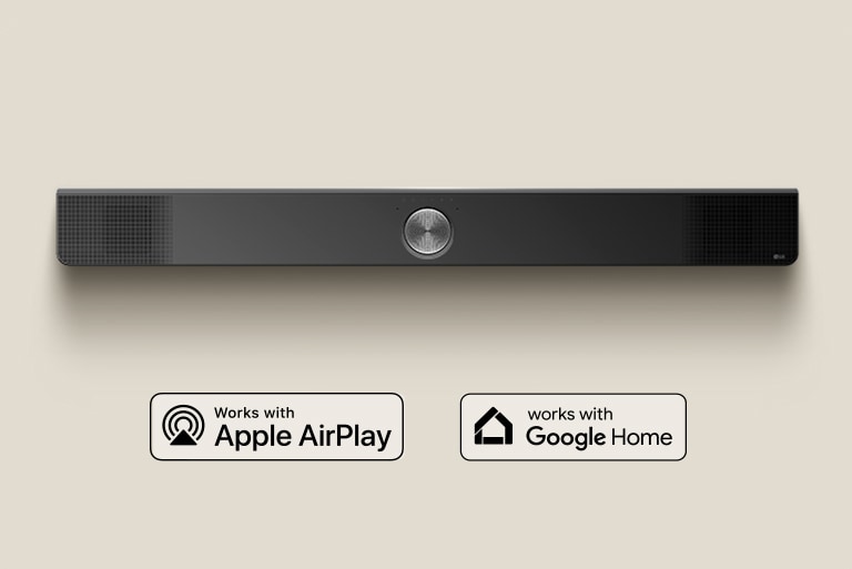 Изглед отгоре на LG саундбар. Лого на Apple AirPlay Лого на Google Home