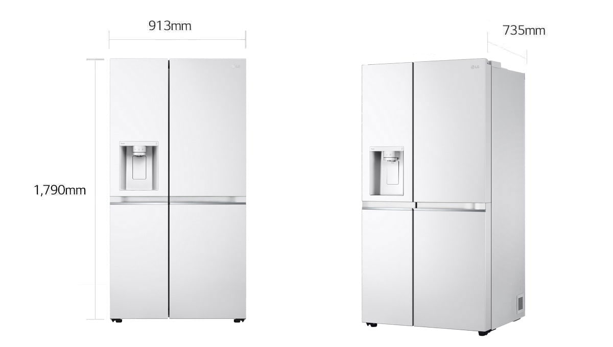 Две изображения на хладилника са едно до друго. На първото изображение се вижда изглед отпред на продукта с данни за размерите: ширина 913 mm и височина 1790 mm. На второто изображение се вижда страничен изглед на продукта с данни за размерите: дълбочина 735 mm