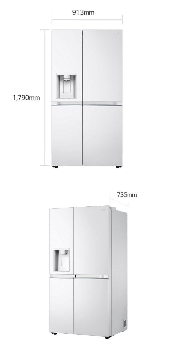 Две изображения на хладилника са едно до друго. На първото изображение се вижда изглед отпред на продукта с данни за размерите: ширина 913 mm и височина 1790 mm. На второто изображение се вижда страничен изглед на продукта с данни за размерите: дълбочина 735 mm