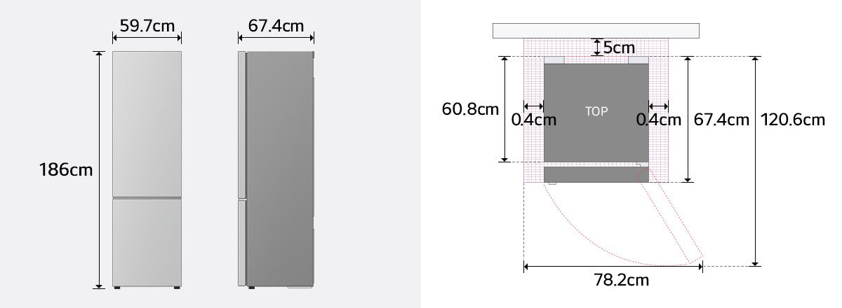 Размери на предната и страничната част на хладилника LG: височина, ширина, дълбочина.

