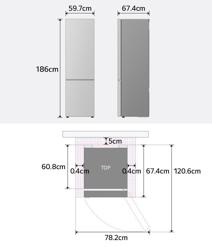 Размери на предната и страничната част на хладилника LG: височина, ширина, дълбочина.


