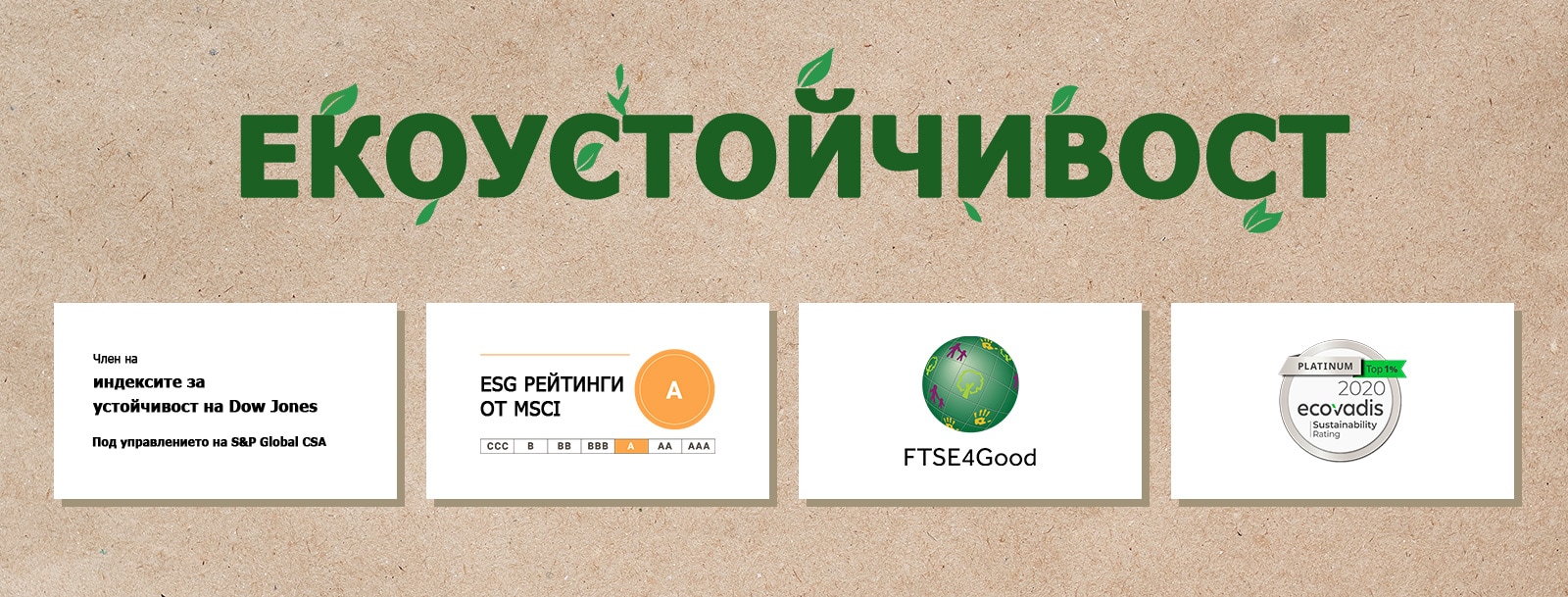 Лого на индексите за устойчивост на Dow Jones. Лого на FTSE4Good. Лого на рейтинга за устойчивост на ЕcoVadis Лого на ESG рейтингите от MSCI.