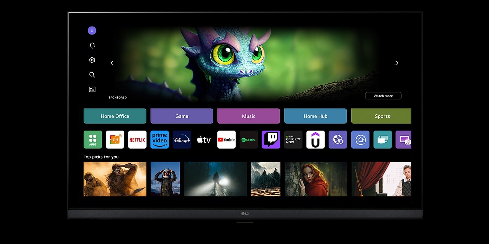 Началният екран на webOS с курсора натиска върху инициала в горния ляв ъгъл и преминава към друг профил.