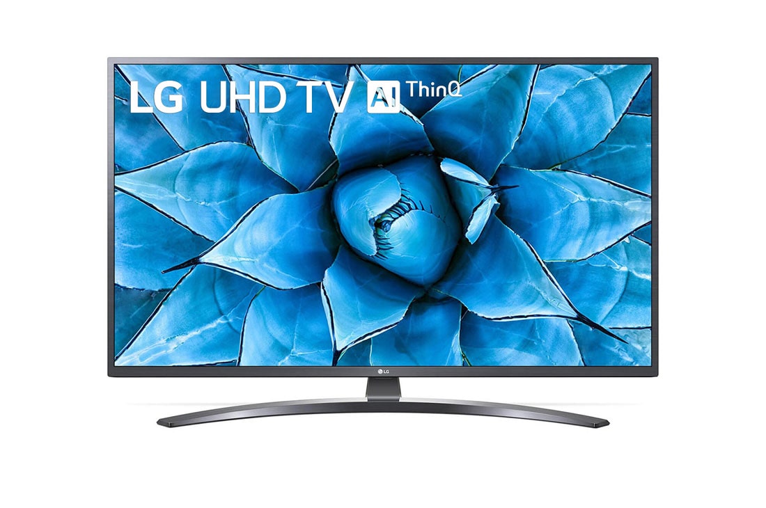 LG UN74 43-инчов 4K смарт UHD TV, изглед отпред със запълваща снимка, 43UN74003LB
