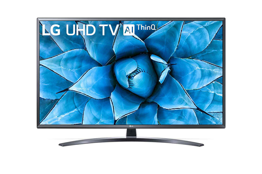 LG UN74 49-инчов 4K смарт UHD TV, изглед отпред със запълваща снимка, 49UN74003LB