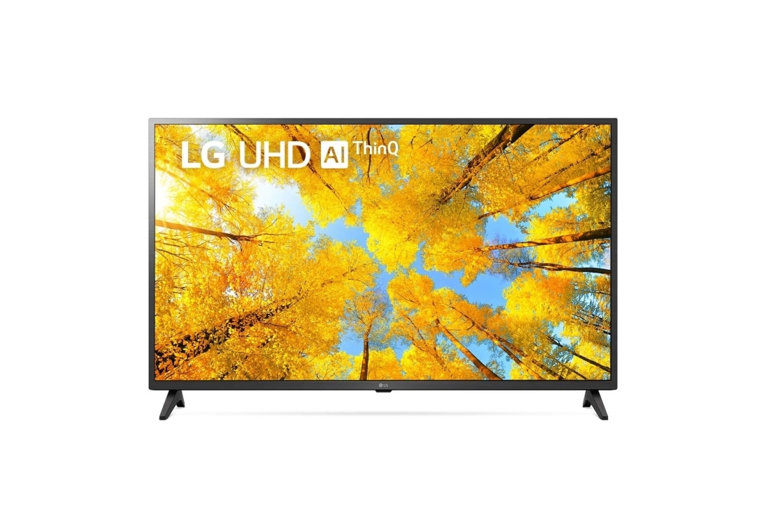 LG 43'' (108 cm) 4K HDR Smart UHD TV, Изглед отпред на UHD телевизора от LG с изображение и лого на продукта, 43UQ75003LF