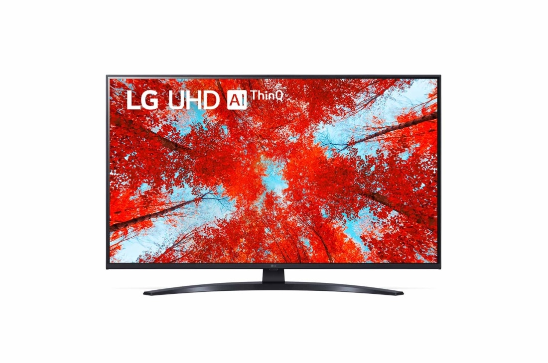 LG 43'' (108 cm) 4K HDR Smart UHD TV, Изглед отпред на UHD телевизора от LG с изображение и лого на прод, 43UQ91003LA