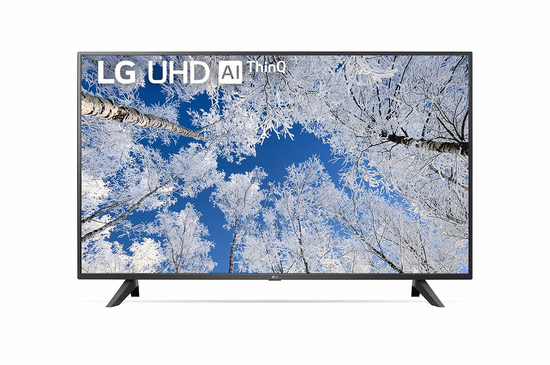 LG 43'' (108 cm) 4K HDR Smart UHD TV, Изглед отпред на UHD телевизора от LG с изображение и лого на продукта, 43UQ70003LB