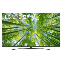 Изглед отпред на UHD телевизора от LG с изображение и лого на продукта2