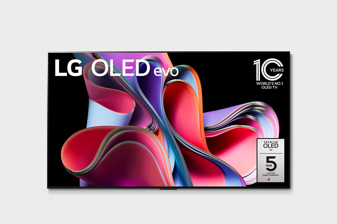 LG OLED evo G3 4K 77-инчов смарт телевизор от 2023 г., Изглед отпред с логото на LG OLED evo, емблемата „10 години OLED телевизор №1 в света“ и лого на 5-годишната грижа за панела, OLED77G33LA