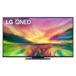 Een vooraanzicht van de LG QNED TV met invulbeeld en productlogo op2