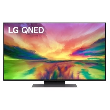 Een vooraanzicht van de LG QNED TV met invulbeeld en productlogo op1