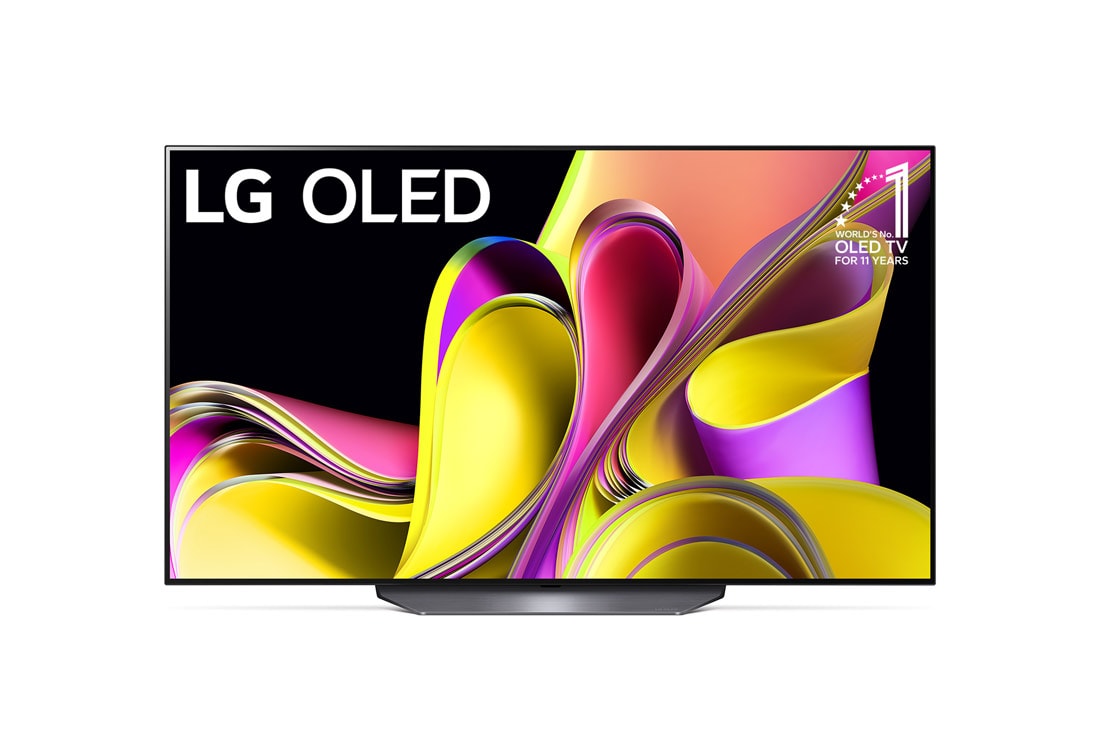 LG OLED B3 55-инчов 4K смарт телевизор от 2023 г., Изглед отпред на OLED телевизор на LG и емблема „11 години OLED телевизор №1 в света“., OLED55B33LA