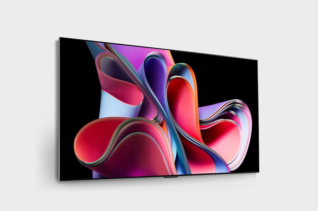 LG OLED evo G3 4K 65-инчов смарт телевизор от 2023 г., Десен страничен изглед под лек ъгъл на LG OLED G3, монтиран на стената, OLED65G33LA, thumbnail 5