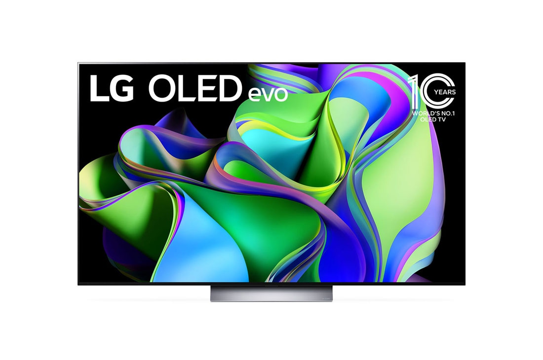 LG OLED evo C3 65-инчов 4K смарт телевизор от 2023 г, Изглед отпред на OLED телевизор на LG и емблема „10 години OLED телевизор №1 в света“ на екрана., OLED65C32LA