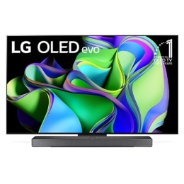 Изглед отпред с логото на LG OLED evo, емблемата „11 години OLED телевизор №1 в света“ на екрана и саундбар под него2