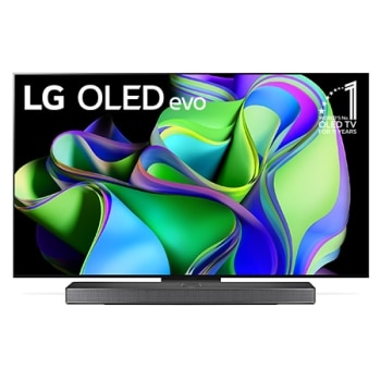 Изглед отпред с логото на LG OLED evo, емблемата „11 години OLED телевизор №1 в света“ на екрана и саундбар под него1