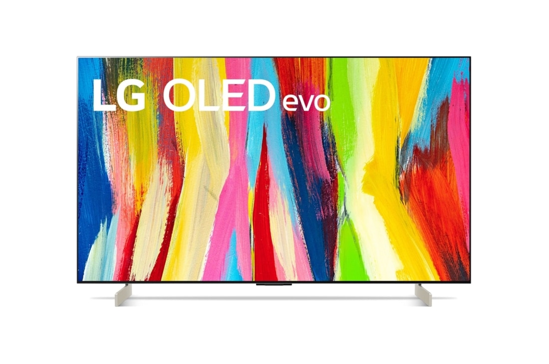 LG Смарт телевизор LG OLED evo C2 42 инча 4K, Изглед отпред с логото на LG OLED evo, емблемата „10 години OLED телевизор №1 в света“ на екрана и саундбар под него, OLED42C26LB