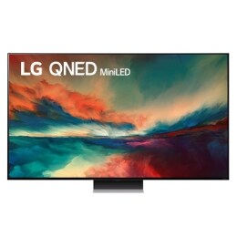 Een vooraanzicht van de LG QNED TV met invulbeeld en productlogo op2