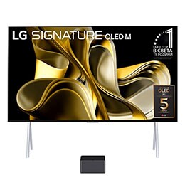 Изглед отпред с LG OLED M3 и Zero Connect Box отдолу, емблема 11 години OLED №1 в света, LG OLED evo и логото на 5-годишна грижа за панела на екрана2