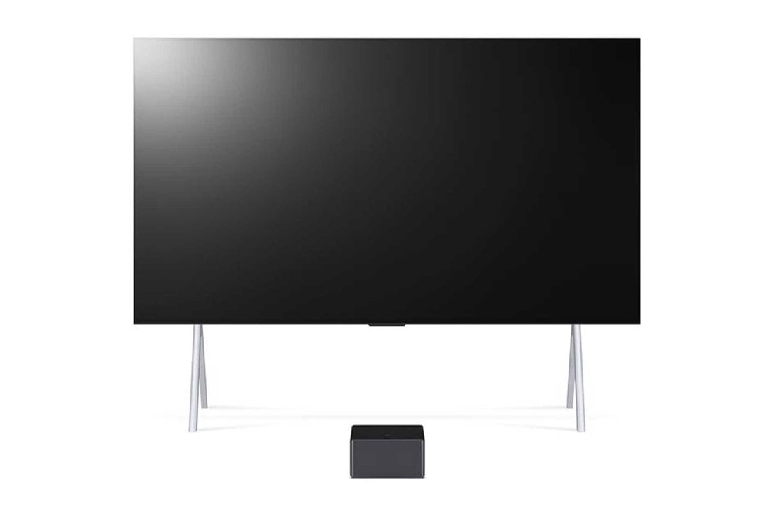 LG Първият в света True Wireless 97-инчов телевизор LG SIGNATURE OLED M3 с 4K 120Hz видео и аудио трансфер , Изглед отпред с LG OLED M3 и Zero Connect Box отдолу, емблема 10 години OLED №1 в света, LG OLED evo и логото на 5-годишна грижа за панела на екрана, OLED97M39LA