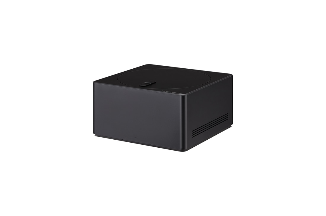 LG Първият в света True Wireless 97-инчов телевизор LG SIGNATURE OLED M3 с 4K 120Hz видео и аудио трансфер , Леко наклонен близък план на Zero Connect Box с логото на LG OLED на ръба, OLED97M39LA, thumbnail 8