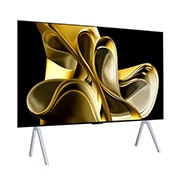 LG Първият в света True Wireless 97-инчов телевизор LG SIGNATURE OLED M3 с 4K 120Hz видео и аудио трансфер , Ляв изглед отстрани, под лек ъгъл, на LG OLED M3 отгоре, OLED97M39LA, thumbnail 4