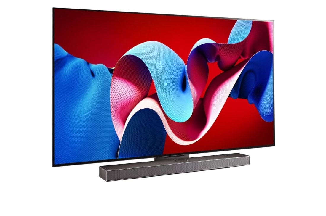 LG OLED evo AI C4 77-инчов 4K смарт телевизор 2024, Леко наклонен десен страничен изглед на телевизор OLED evo на LG, OLED C4 със Soundbar (Панел за озвучаване) на LG долу, OLED77C41LA, thumbnail 3