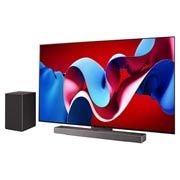 LG OLED evo AI C4 77-инчов 4K смарт телевизор 2024, Леко наклонен десен страничен изглед на телевизор OLED evo на LG, OLED C4 със Soundbar (Панел за озвучаване) на LG долу и помощния буфер отстрани, OLED77C41LA, thumbnail 2