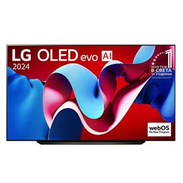 Изглед отпред на LG OLED evo AI TV, OLED C4, 11 години номер 1 в света, лого с емблемата OLED и webOS Re:New Program на екрана2