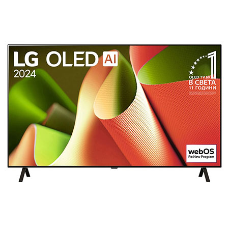 Изглед отпред на LG OLED TV, OLED AI B4, 11 години номер 1 в света, Емблемата OLED и логото webOS Re:New Program на екрана със стойка с 2 крачета2