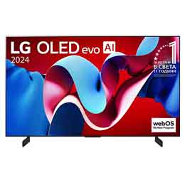 Изглед отпред на LG OLED evo AI TV, OLED C4, 11 години номер 1 в света, лого с емблемата OLED и webOS Re:New Program на екрана2