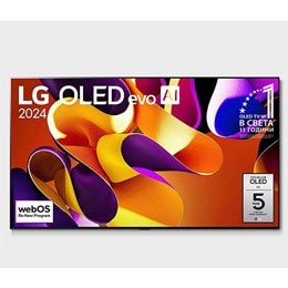 Изглед отпред на LG OLED evo AI TV, OLED G4, 11 години номер 1 в света, лого с емблемата OLED, логото на webOS Re:New Program и логото на 5-годишна гаранция на панела на екрана2