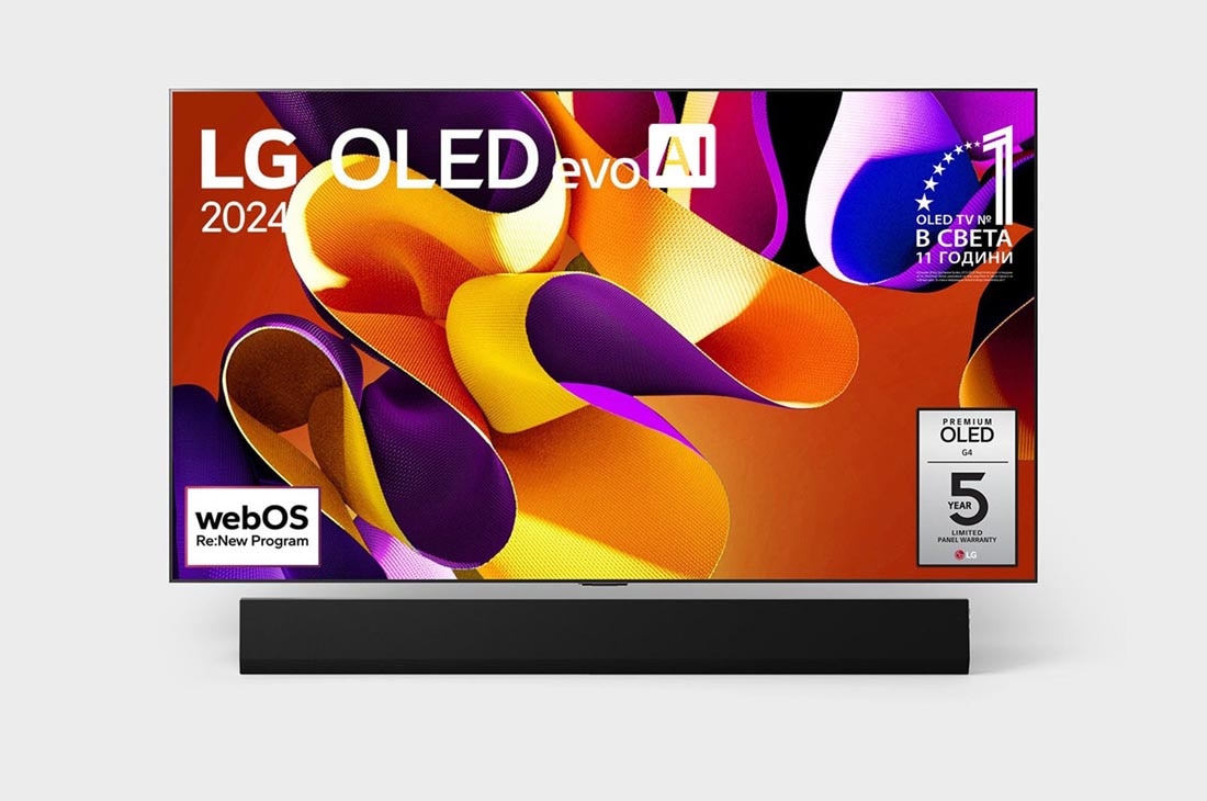 LG OLED evo AI G4 77-инчов 4K смарт телевизор 2024, Изглед отпред на LG OLED evo AI TV, OLED G4, емблемата 11 години OLED номер 1 в света на екрана, и логото на webOS Re:New Program и логото на 5-годишната гаранция на панела на екрана, както и Soundbar, OLED77G42LW, thumbnail 7