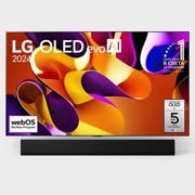 LG OLED evo AI G4 77-инчов 4K смарт телевизор 2024, Изглед отпред на LG OLED evo AI TV, OLED G4, емблемата 11 години OLED номер 1 в света на екрана, и логото на webOS Re:New Program и логото на 5-годишната гаранция на панела на екрана, както и Soundbar, OLED77G42LW, thumbnail 7