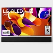 LG OLED evo AI G4 65-инчов 4K смарт телевизор 2024, Изглед отпред на LG OLED evo AI TV, OLED G4, емблемата 11 години OLED номер 1 в света на екрана, и логото на webOS Re:New Program и логото на 5-годишната гаранция на панела на екрана, както и Soundbar, OLED65G42LW, thumbnail 8