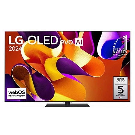 Изглед отпред на LG OLED evo AI TV, OLED G4, 11 години номер 1 в света, лого с емблемата OLED, логото на webOS Re:New Program и логото на 5-годишна гаранция на панела на екрана2