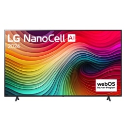 Изглед отпред на LG NanoCell TV, NANO81 с текст LG NanoCell, 2024, и логото на webOS Re:New Program на екрана2