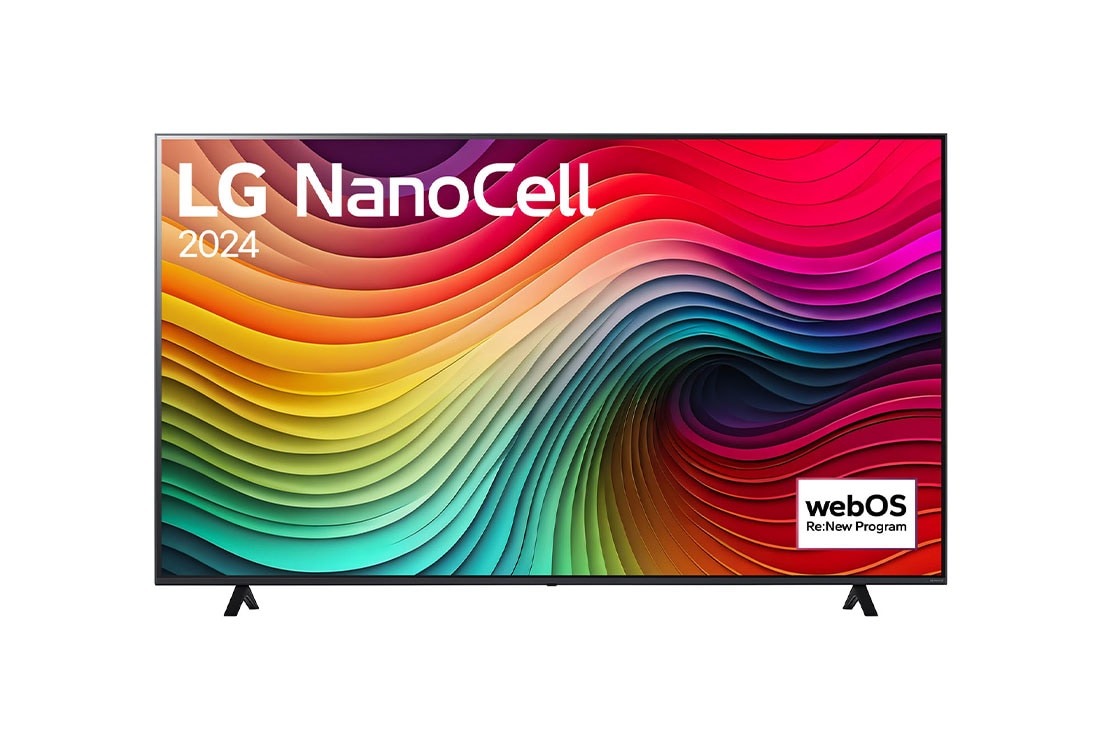 LG 75 инчов LG NanoCell NANO81 4K смарт TV 2024, Изглед отпред на LG NanoCell TV, NANO80 с текст LG NanoCell, 2024, и логото на webOS Re:New Program на екрана, 75NANO81T3A