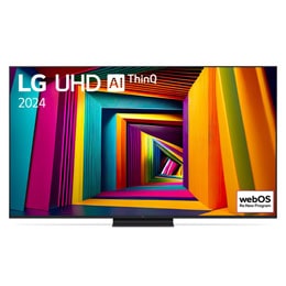 Изглед отпред на LG UHD TV, UT90 с текст LG UHD AI ThinQ, 2024, и логото на webOS Re:New Program на екрана2