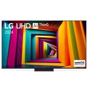 LG 75-инчов LG UHD UT91 4K Smart TV 2024, Изглед отпред на LG UHD TV, UT90 с текст LG UHD AI ThinQ, 2024, и логото на webOS Re:New Program на екрана, 75UT91003LA, thumbnail 1