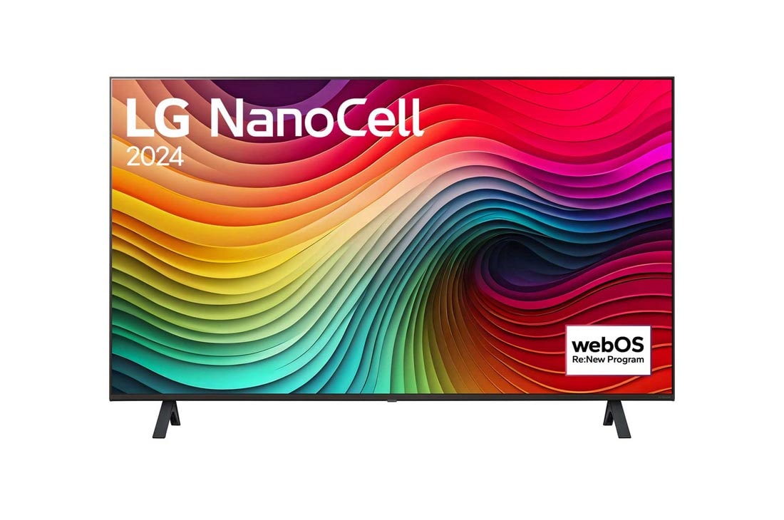 LG 43 инчов LG NanoCell NANO82 4K смарт TV 2024, Изглед отпред на LG NanoCell TV, NANO82 с текст LG NanoCell, 2024, и логото на webOS Re:New Program на екрана, 43NANO82T3B