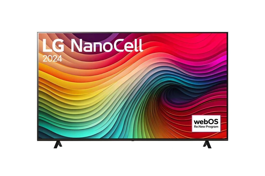 LG 75 инчов LG NanoCell NANO82 4K смарт TV 2024, Изглед отпред на LG NanoCell TV, NANO82 с текст LG NanoCell, 2024, и логото на webOS Re:New Program на екрана, 75NANO82T3B