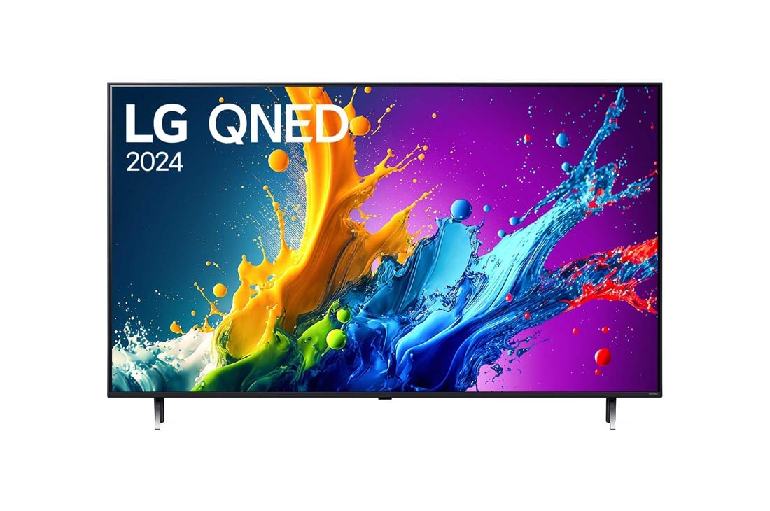 LG 43-инчов LG QNED80 4K Smart TV 2024, LG QNED TV, QNED80 elölnézete az LG QNED, 2024 szöveggel és a webOS Re:New Program logóval a képernyőn, 43QNED80T3A