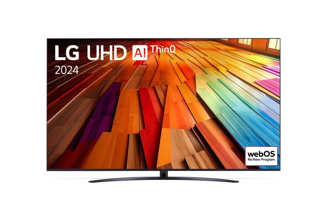 LG 86-инчов LG UHD UT81 4K смарт телевизор 2024, Изглед отпред на LG UHD TV, UT81 с текст на LG UHD AI ThinQ и 2024 на екрана, 86UT81003LA