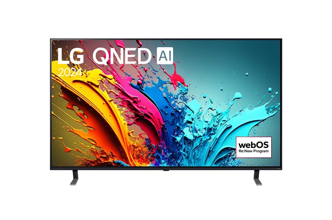 LG 86-инчов LG QNED AI QNED85 4K Smart TV 2024, LG QNED TV, QNED85 elölnézete az LG QNED, 2024 szöveggel és a webOS Re:New Program logóval a képernyőn, 86QNED85T3C