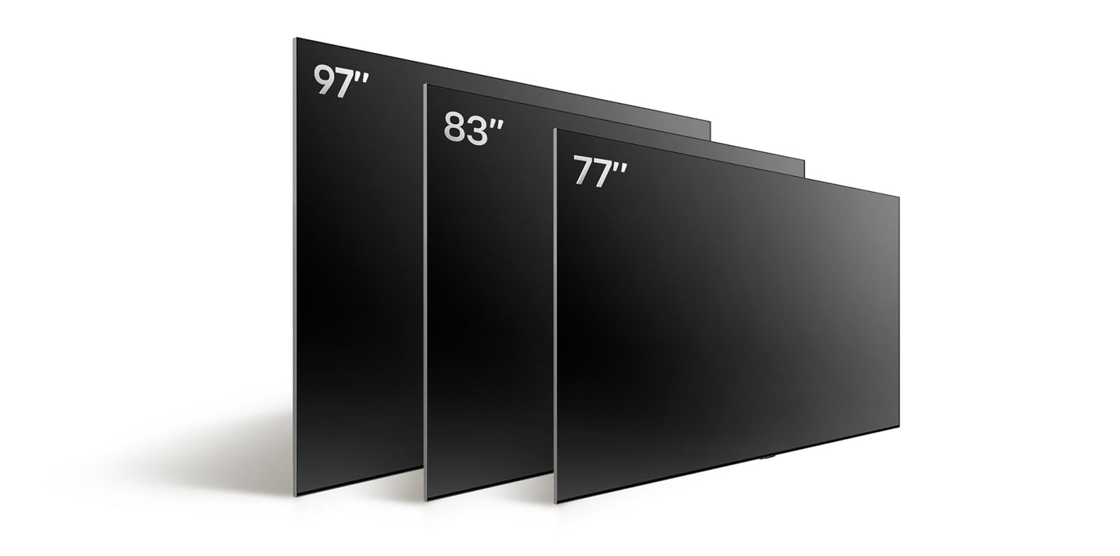 Сравняване на различните размери на LG OLED TV, OLED evo M4, показващи OLED evo M4 83 инча, OLED evo M4 77 инча, OLED evo M4 65 инча и LG SIGNATURE OLED M4 97 инча.