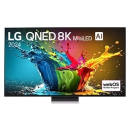 Изглед отпред на LG QNED TV, QNED99 с текст LG QNED 8K MiniLED, 2025, и логото на webOS Re:New Program на екрана2