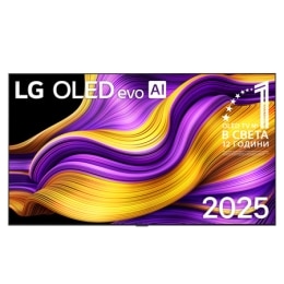 Prikaz sa prednje strane LG OLED evo AI G5 4K pametnog televizora. 12 godina na 1. mestu u svetu, OLED amblem i logotip LG OLED evo AI 2025 su na ekranu.