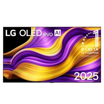 Prikaz sa prednje strane LG OLED evo AI G5 4K pametnog televizora. 12 godina na 1. mestu u svetu, OLED amblem i logotip LG OLED evo AI 2025 su na ekranu.